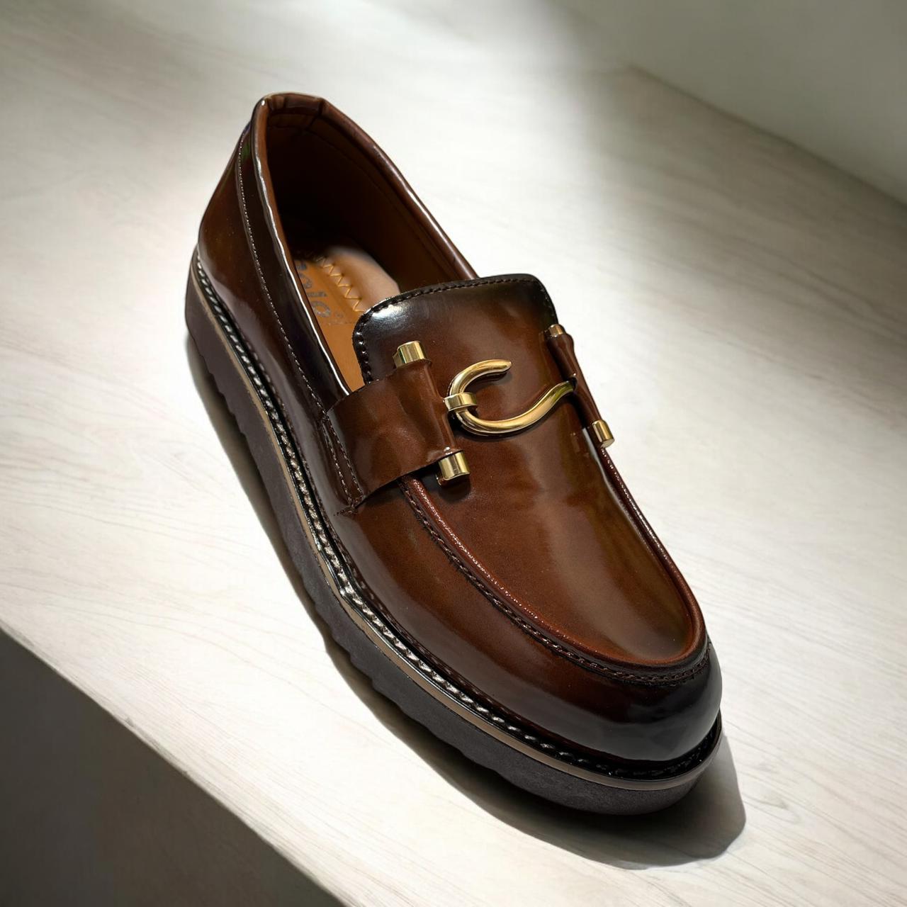 MAN'S THICK SOLE LEATHER LOAFERS (BROWN)