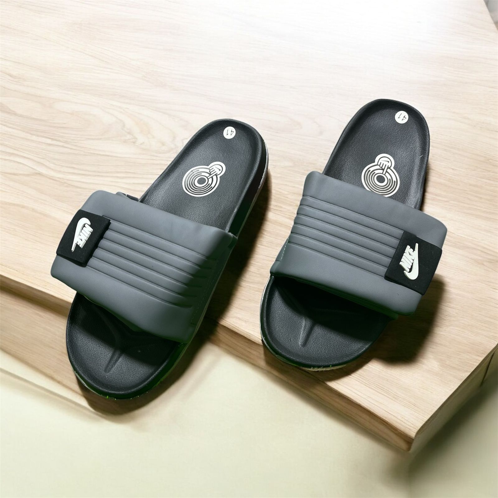 NIKE GREY AND BLACK SLIPPERS