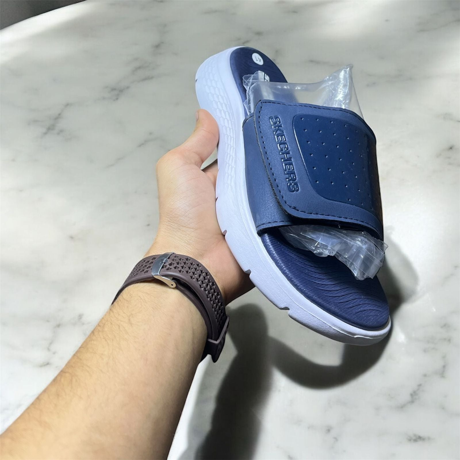 SKECHER LATEST ADJUSTABLE SLIDES (WHITE+BLUE)