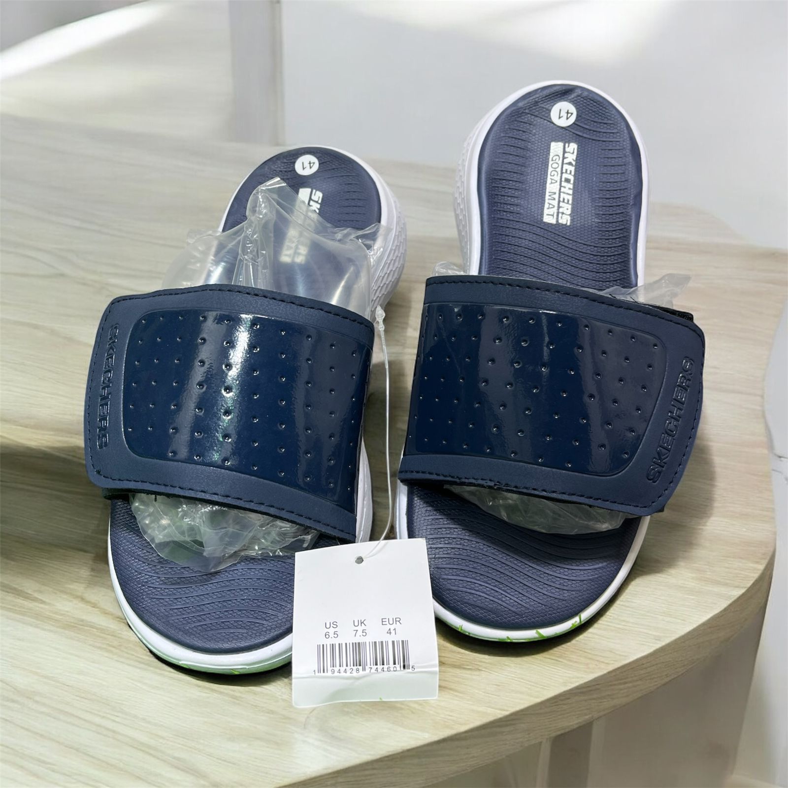 SKECHER LATEST ADJUSTABLE SLIDES (WHITE+BLUE)